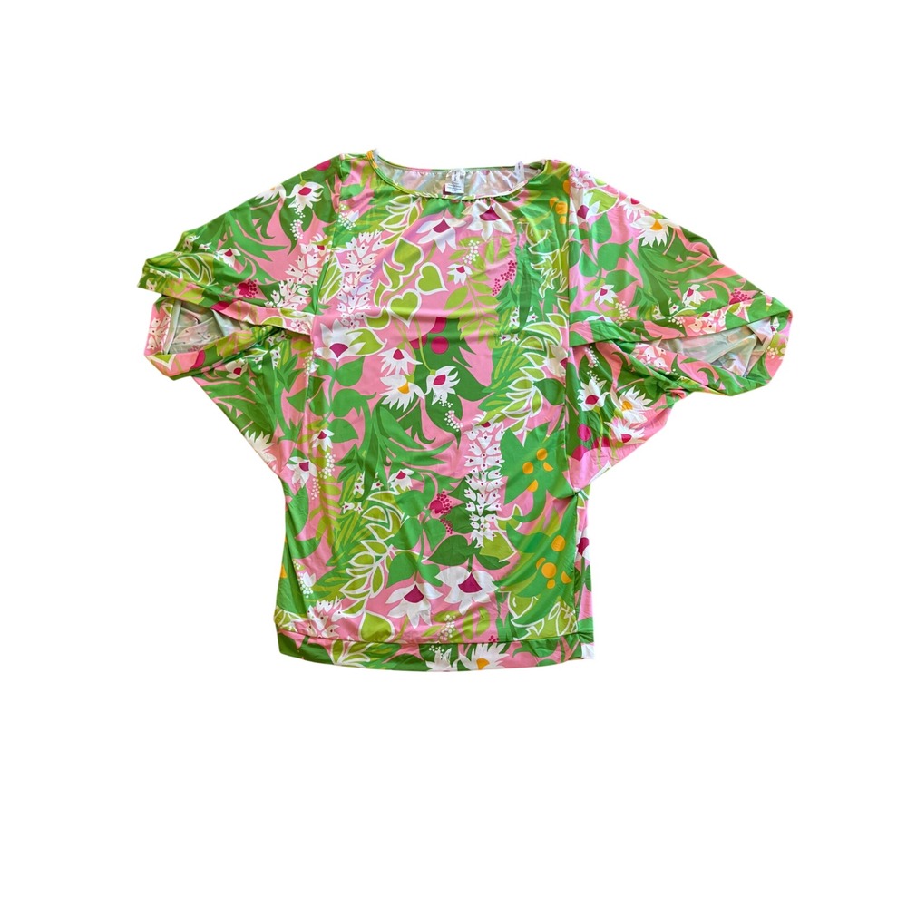 Trina Turk XL Tropical Floral Print Dolman Sleeve Tunic Blouse Pink Green Resort